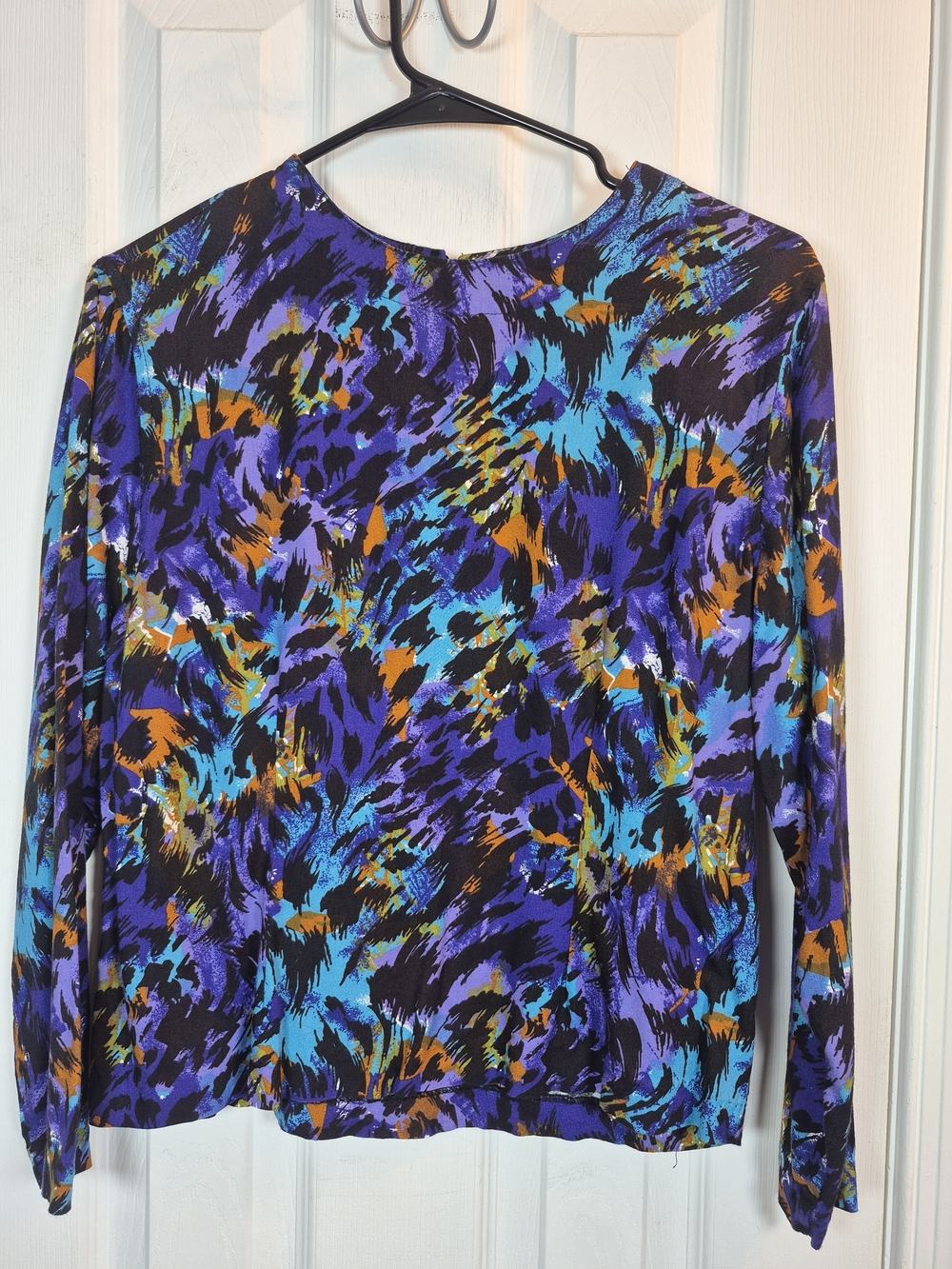 Vintage 90s New Focus Abstract Rayon Long Sleeve Blouse Large Purple Blue